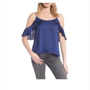 BP Womens Blue Flutter Sleeve Cold Shoulder Silky Satin Camisole Top Sz S New